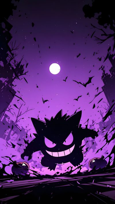 an image of a cartoon character in front of a purple sky with bats flying around Ghost Pokemon Halloween Pikachu, Hunter Pokemon, Pokemon Sleeves, Pokemon Backgrounds, midnight blue