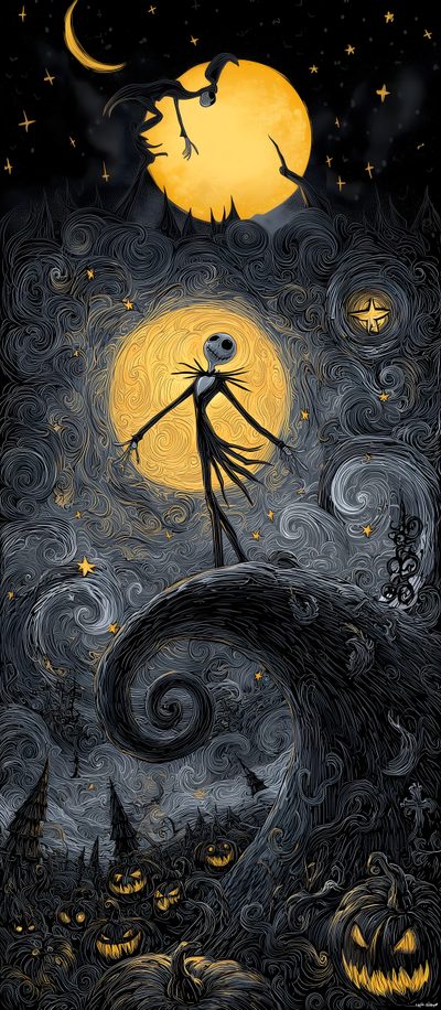 an image of a halloween scene with jack and pumpkins Halloween Iphone 16 Pro Max Christmas Lockscreen, Starry Night, Nightmare Before Christmas, dark slate gray