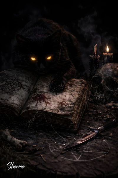 a black cat laying on top of an open book next to candles and skull decorations Creepy Black Cat Halloween Halloween, Dark Side, Dark Art, Dark Horror Cat, Black Heart,