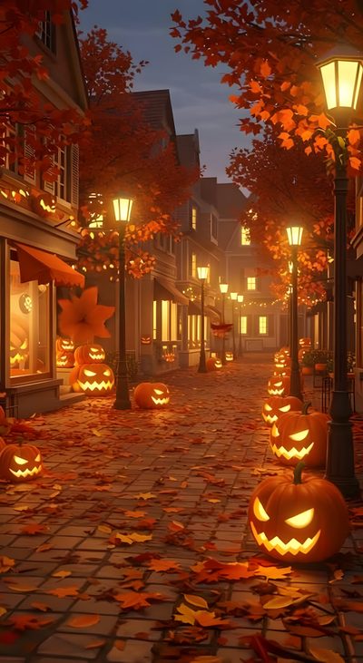 pumpkins lit up in the street at night with lights shining on them and leaves all over the ground Halloween Gift Halloween Street Background, Cozy Halloween, Fall Town, saddle brown
