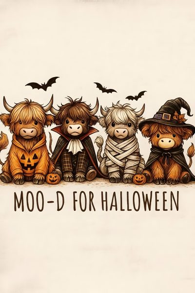 three little cows dressed up as witches and one is wearing a pumpkin hat with the words moo - d for halloween Cute Halloween Highland Cow Fall Cows Aesthetic, Cute Fall Cow, Spooky Cow, Cute Halloween Cow, antique white