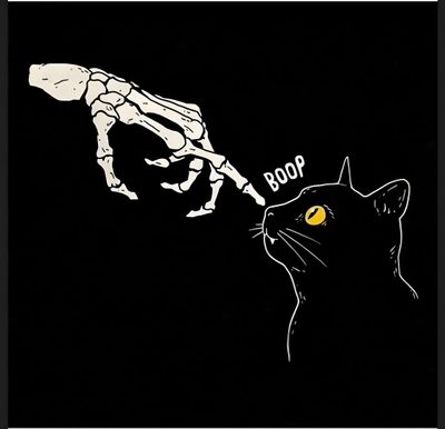 a cat looking at a skeleton hand with the word boop written on it Halloween X-ray - Tan & Black Cat Skeleton Hd, Black Cat Skeleton, Cat And Skeleton, Cat With Skeleton,