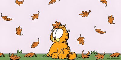 the garfield cat is sitting on the ground surrounded by leaves and falling from the sky Garfield Halloween Garfield Autumn, Fall Pc, Cartoon Computer, Ipad Autumn Aesthetic, lavender