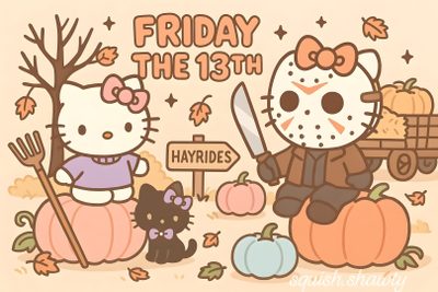 an image of hello kitty and her friends in the fall scene with pumpkins, cats and a sign that says friday the 13th Hello Kitty Halloween Chromebook Hello Kitty Chromebook, Halloween Ipad Horizontal, Hello Kitty Halloween Laptop, peach puff