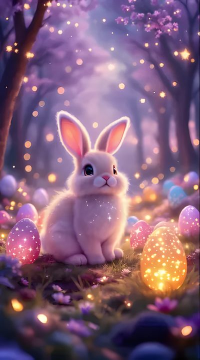 a bunny sitting in the middle of an easter scene with glowing eggs and lights around it Halloween Easter Ideas Hoppy Easter, Easter Iphone Backgrounds, Easter Screensavers, Cute Easter, dim gray