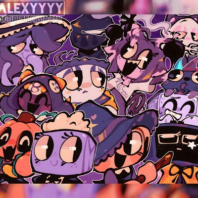 an image of many cartoon characters in different poses on a purple and black background with the words alexy yyr above them Bfdi Halloween World Art, Cute Dolls, Dandy, Best Games, Favorite Character, Memes, dim gray