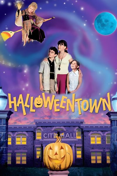 the poster for halloween town shows three children standing in front of a building with pumpkins on it Halloween Town Movie Halloweentown Movie, Halloweentown Disney Channel, Halloweentown Halloween Movie, dark slate blue