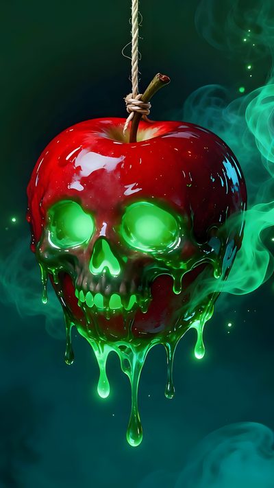an apple with green eyes and a skull on it is hanging from a rope in the air Apple Halloween 4k Neon Halloween, Snow White Apple, Halloween Apple, Evil Witch Apple, dark green