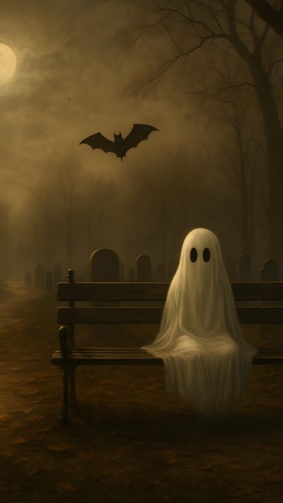 a ghost sitting on a park bench in front of a cemetery with bats flying overhead Spooky Halloween Ghost Ghosts, Halloween Ghost Background, Witch Painting, Dark Landscape, dark slate gray