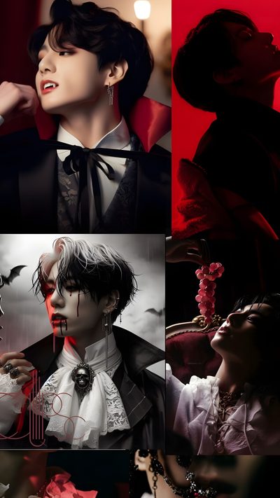 the collage shows many different images of people in black and white outfits, with red accents Jungkook Halloween Vampires Of Kpop, Bts Vampire, Bts Vampire Look, Jungkook Halloween, black
