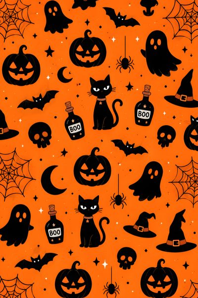 an orange halloween background with black cats and pumpkins Halloween Orange And Black Preppy Halloween, Halloween Print, Orange Halloween, October,