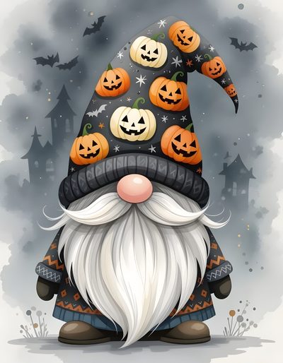 an image of a gnome with pumpkins on his hat Halloween Gnomes 4 Halloween Canvas Art, Halloween Gnome Drawing, Happy Halloween Pictures, Gnome, dark gray