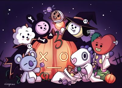 a group of cartoon characters sitting on top of a pumpkin Bt21 Halloween Bt21 Halloween Shooky, Disney Characters, Spooky Bt21, Bt21 Pumpkin Painting, dark slate gray