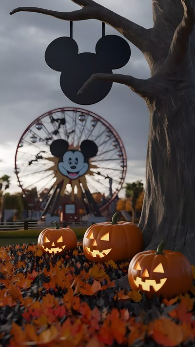 three pumpkins with faces carved into them in front of a ferris wheel and mickey mouse Iphone Disneyland Halloween Halloween, Disneyland Planning, Disney Planning, Disney Tips, saddle brown