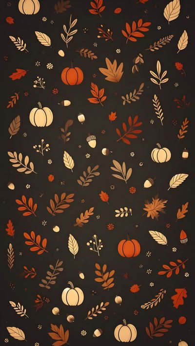 an orange and black background with leaves, pumpkins and acorns on it Autumn Halloween Iphone Pumpkin Background, Hd Iphone, Pumpkin Pattern, Pattern Iphone, dark slate gray