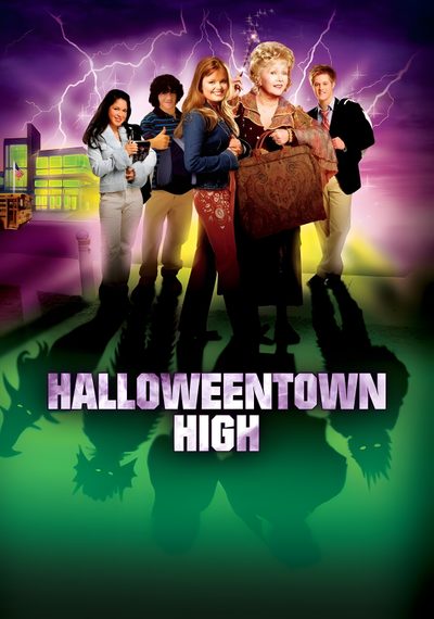 the poster for halloween town high, which features four women standing in front of a purple background Halloween Town Movie Halloweentown Movie, Disney Channel Halloween Movies, Halloweentown Disney Channel, dark slate gray