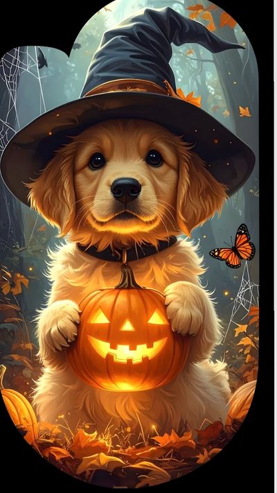 a dog wearing a witches hat and holding a pumpkin Halloween Dog Golden Retriever Halloween, Cute Dog In A Pumpkin, Halloween Cute, Autumn Scenery, saddle brown