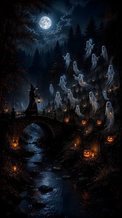 an image of a halloween scene with ghost on the bridge and pumpkins in the water Salem Halloween Aesthetic Cartoon Halloween, Image Halloween, Halloween Backgrounds, Halloween Facts, black