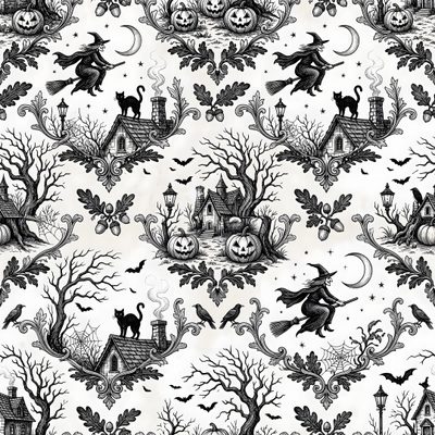 a black and white halloween wallpaper with witches, pumpkins and cats on it Gothic Halloween Pattern In Black And The Only Exception, Spooky House, Invitation Background, linen