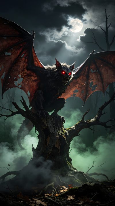 a red dragon sitting on top of a tree stump Halloween Flying Monster Art, Fall Decor, dark slate gray