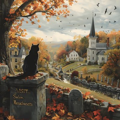 a painting of a cat sitting on a grave in front of a cemetery and graveyard Salem Halloween Aesthetic Halloween Fall Landscape, Autumn Cemetery Drawing, Autumn Graveyard Scene, dark olive green