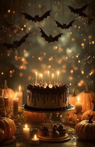 a birthday cake with candles and bats hanging from it's ceiling, surrounded by pumpkins Halloween Birthday Spooky Birthday Celebration Tips, Halloween Celebration, Spooky Birthday, dark olive green