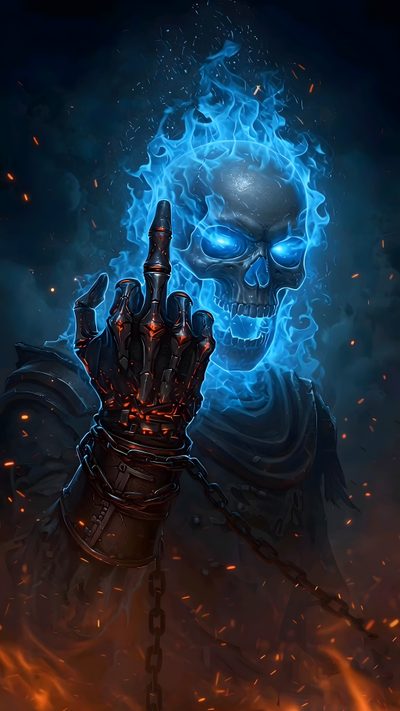 a skeleton with blue eyes holding up his hand in front of fire and flames on the ground Halloween Skulls Ghost Rider Android, Ghost Rider Photo, Ghost Rider For Mobile, Ghost Rider Blue, black