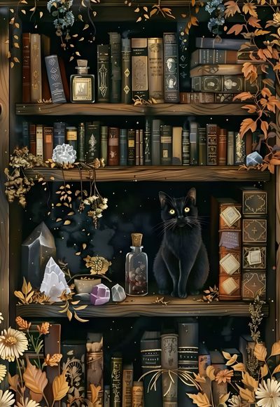 a painting of a black cat sitting on top of a book shelf filled with books Halloween For Home Office Witchy Cottagecore, Baba Jaga, Cottagecore, Bookshelf Art, Academia, dark slate gray