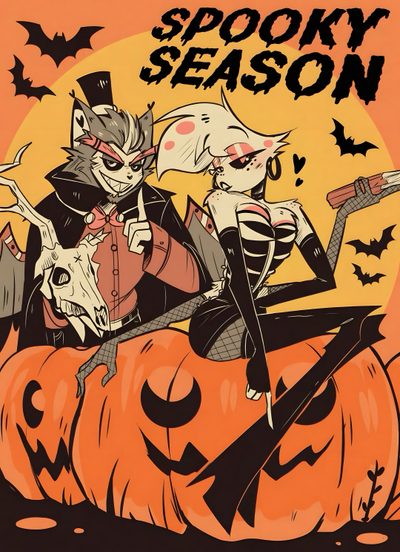 two cats sitting on top of a pumpkin with the words spooky season written above it Hazbin Hotel Halloween Fnaf Halloween Poster, Halloween Poster Drawing Ideas, Halloween Posters To Draw, peru