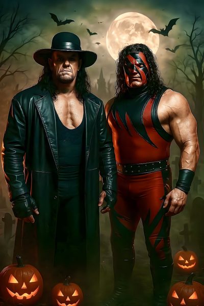 two men in costumes standing next to each other Wwe Halloween Wwe Halloween, Superhero Artwork, Wwe Villains, Wwe Undertaker Art, Female Samurai, black