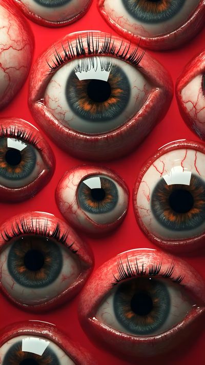 an assortment of fake eyeballs with red and white paint on them, all in the same pattern Halloween Eyeballs Red-01 Weird Eyes, Halloween Eye, 3d Eyes, Red Eye Background, saddle brown