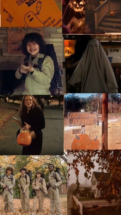 the collage shows people dressed in costumes and holding pumpkins, standing near a house Matching Stranger Things And Halloween Characters Dustin Stranger Things Halloween, Halloween, Halloween Stranger Things, dark olive green