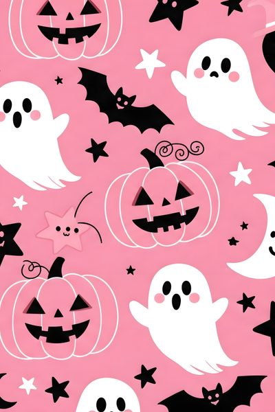 a pink background with black and white halloween pumpkins, ghostes and stars on it Pink Halloween Phone Pink Halloween Ipad, Pink Halloween Backgrounds, Cute Pink Halloween Iphone,