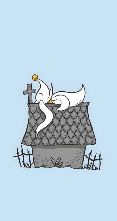 a white bird sitting on top of a roof next to a cross and a fence Zero Halloween Cute Halloween Nightmare Before Christmas, Zero From Nightmare Before Christmas, Zero Nightmare Before Christmas, powder blue