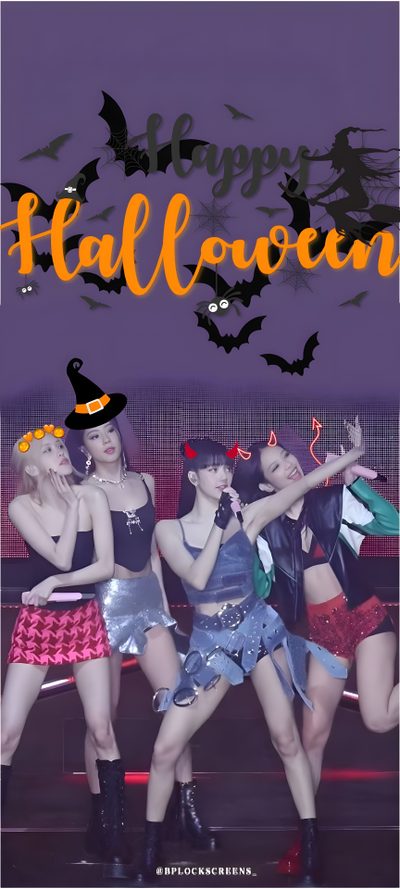 four girls dressed up in halloween costumes with bats flying above them and the words happy halloween Halloween Blackpink Halloween, Halloween Blackpink, Blackpink Fashion, Black Pink, Pink, dark slate blue
