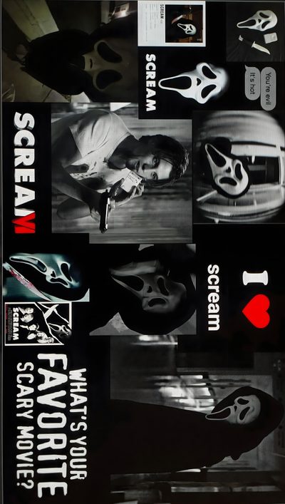 an advertisement for the scream factory with images of women and men in masks on them Halloween Laptop Scream Scream Desktop, The Original, Scream Ipad, Iphone Background, Ghostface, black