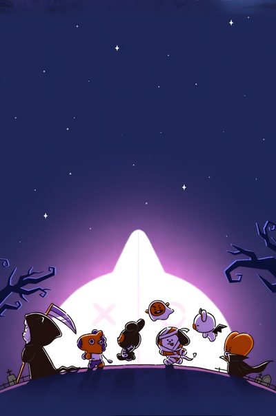 an animated scene with people standing on top of a hill in front of the moon Bt21 Halloween Bt21 Pumpkin Painting, Bt21 Fall, Bt21 Thanksgiving, Bt21 Halloween, midnight blue