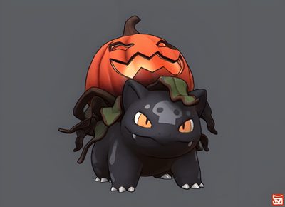 a black cat with a pumpkin on its head Halloween Torterra Halloween Charizard, Jack O Lantern Pokemon, Pumpkin Pokemon, dim gray