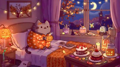 a cat sitting on top of a bed next to a table filled with cakes and candles Desktop Pusheen Halloween Cute Halloween Pc, Cute Halloween Computer, Desktop Pusheen Halloween, dim gray