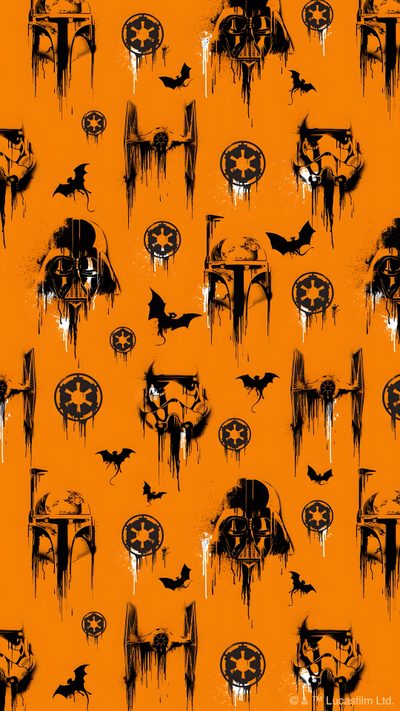 an orange background with black and white bats, skulls, and pumpkins on it Star Wars Halloween Star Wars Team Background, Star Wars Fall, Star Wars Mandalorian Background, dark orange