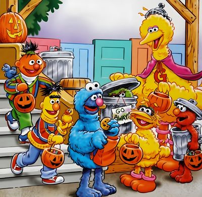 a group of cartoon characters standing around each other in front of a pumpkin themed house Sesame Street Halloween Sesame Street Christmas, Sesame Street Books, Sesame Street Muppets, peru