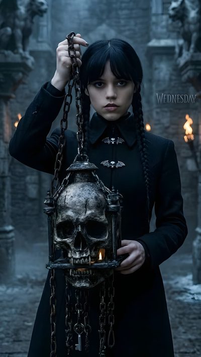 a woman holding a skull in her hand with chains hanging from it's sides Wednesday Halloween Halloween Series, Addams Family, Roronoa Zoro, Coraline, Halloween Haunt, dark slate gray