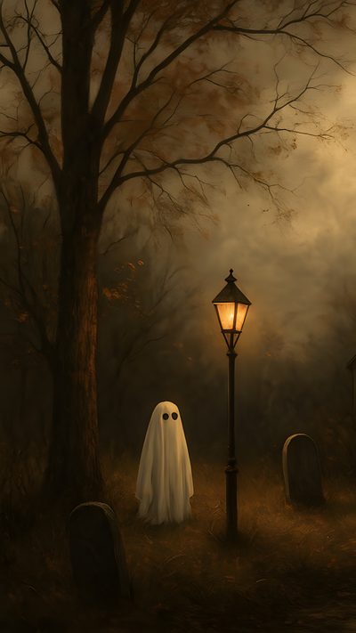 a painting of two ghostly people standing in front of a cemetery with a lamp post Dark Dark Vintage Halloween Iphone Spooky Pictures Aesthetic, Creepy Fall Backgrounds, Spooky Iphone Dark, black