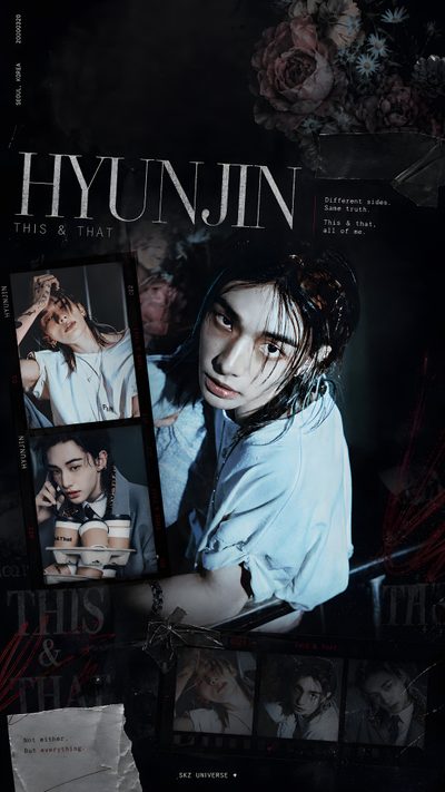 an advertisement for hyunn in the dark with images of people and flowers Hyunjin Halloween Film Strip, Backgrounds Desktop, Dark Floral, Kids, Vintage Flowers, Phone, black