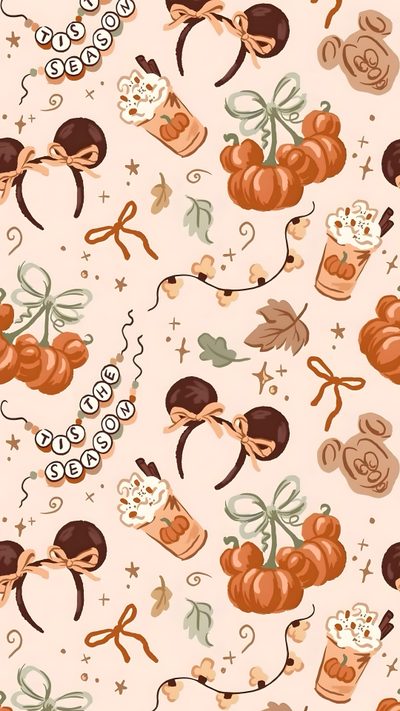 a pattern with pumpkins and other items on it Disney Halloween Ipad Holiday Iphone, Halloween Cute, Disney Background, Cute Christmas, antique white