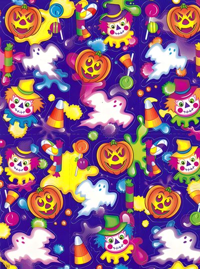 an image of halloween stickers on the back of a purple background with cats and pumpkins Lisa Frank Halloween Y2k Halloween Seamless Pattern, Lisa Frank Halloween, Lisa Frank Witch, gray