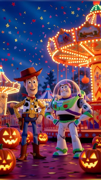 the characters from toy story land in front of an amusement park with pumpkins and carnival rides Toy Story Halloween Woody And Buzz, Punk Disney, Disney Drawings Sketches, Disney Crossovers, dim gray