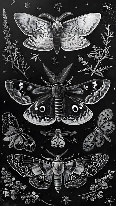 moths and other insects in black and white on a chalkboard with stars, flowers, and leaves Halloween Moth Moth Backgrounds, Aesthetic Images To Print, Moth Drawing, Gothic Wall Prints, Moths, black