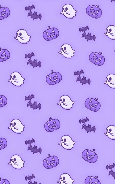 purple and white halloween wallpaper with ghost heads, bats and pumpkins on it Cute Halloween Purple Ghost Cute Ghost And Pumpkin Design, Cute Halloween Pattern On Purple Background, Diy Halloween Party Decor, plum