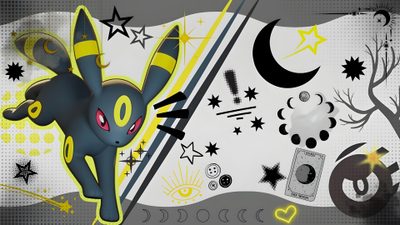 an image of a pokemon wallpaper with many different things in the background, including stars and moon shapes Umbreon Halloween 1920x1080 Umbreon Ipad, Pokemon Widescreen, Pokemon Umbreon, dark khaki